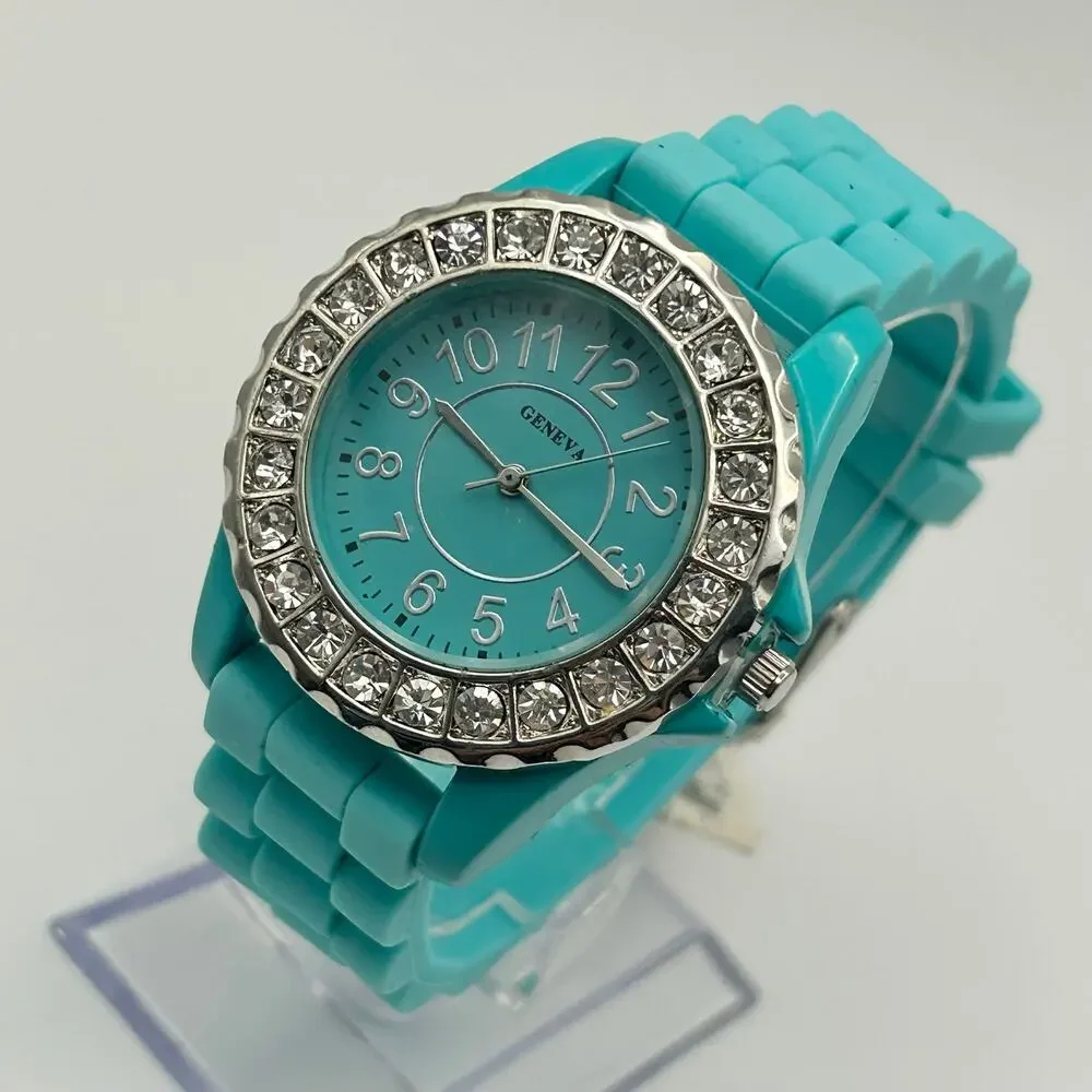 Geneva Crystal Bezel Turquoise Tone Silicon Band Women’s Fashion Watch, Working